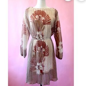 Hal Ferman Vintage 1960s semi-sheer pleated dress. Floral with gold threads